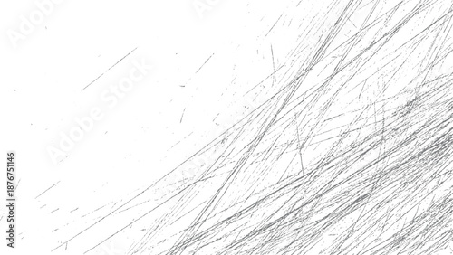 Diagonal abstract background with dense grey parallel lines and scattered scratches creating a textured overlay effect on white