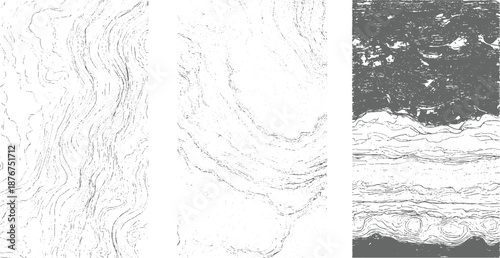 Three abstract vertical compositions featuring intricate wavy lines and granular textures in shades of gray and white, evoking natural patterns and organic flow