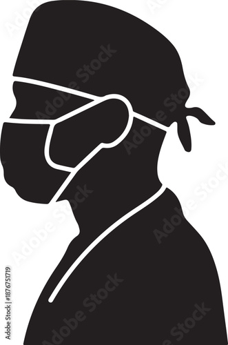 Silhouette Profile of a Dentist Wearing a Face Mask and Surgical Cap