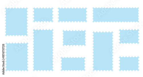 Blue postage stamps set. Post stamp frames and borders. Rectangle, square template for mail, postcard, letter, note. Vector zigzag objects for badge.