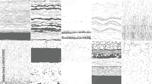 Collection of diverse monochrome abstract patterns including linear textures, wavy lines, granular effects, and cracked surfaces for