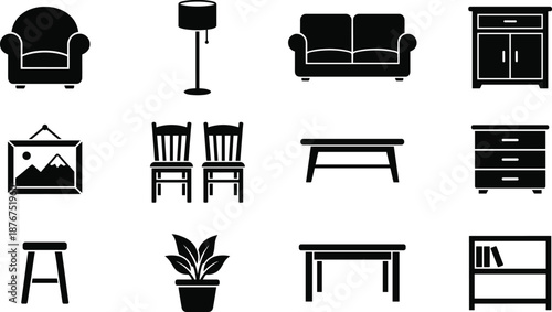Collection Of Black Furniture Icons On White Background armchair