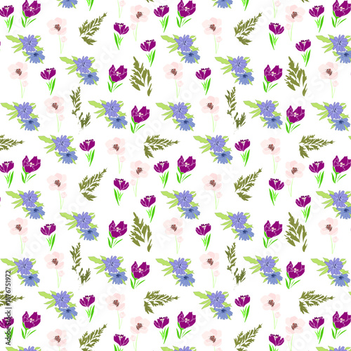 Pattern con fiorellini rosa, lilla e azzurri e foglie verdi