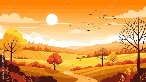 Autumn landscape with trees road and flying birds at sunset Autumn.