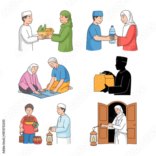 Sharing Acts of Kindness: Various illustrations depict moments of generosity and assistance between people, including giving food and beverages. A heartwarming scene of offering help and support.