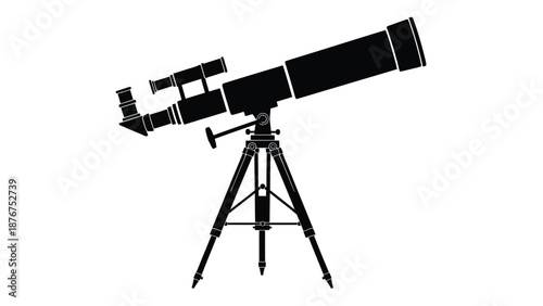 A simple black silhouette of a telescope on a tripod stand