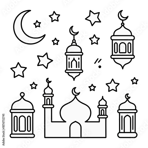 Ramadan Festive Illustration: A charming illustration capturing the essence of Ramadan, featuring iconic elements of the holiday. Including lanterns, crescent moons, stars, and mosque outlines.