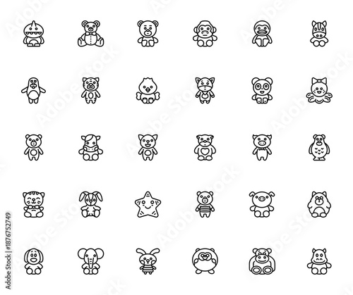 Soft Toys icon set. Vector collection of cute animals including dinosaur, bear, gorilla, panda, rabbit and more. Editable line art illustrations.