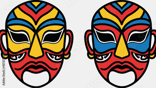 Pair of Vibrant African or Tribal Decorative Masks with Bold Colors and Patterns on Bright Studio Background