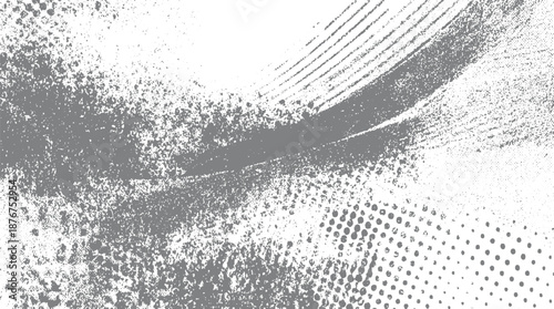 Textured abstract background with a sweeping gray brush stroke effect and a pattern of distressed halftone dots on a white surface