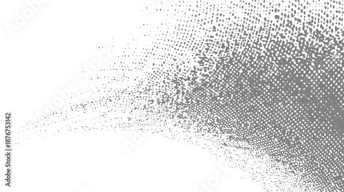 Monochrome abstract background featuring a gradient of dots from dense to sparse creating a sense of expansion and airy lightness with a subtle visual flow