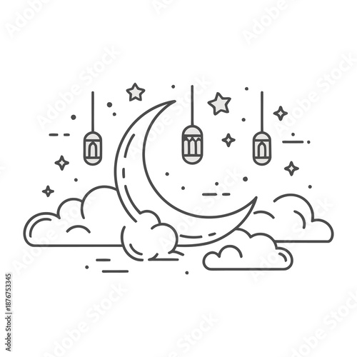 Celestial Night: A serene illustration presents a crescent moon, delicate clouds, and twinkling stars, complemented by hanging lanterns, creating a sense of peace and tranquility.
