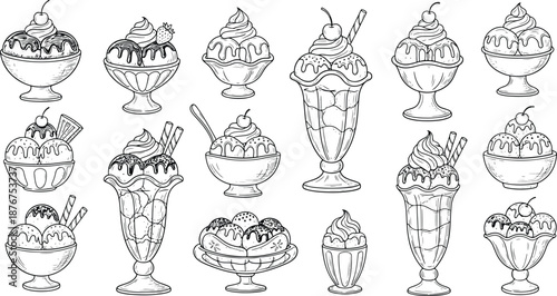 Collection of hand drawn ice cream sundae and dessert sketch illustrations