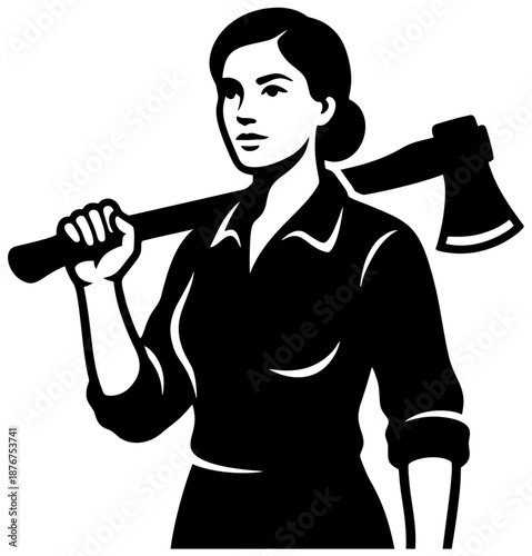 Female worker standing with an axe resting on her shoulder, shown in a confident working pose.