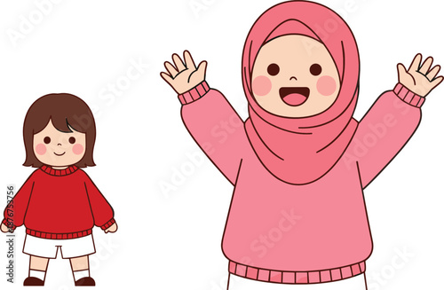 Cute Muslim mother and child wearing hijab smiling together flat vector illustration for family kids design