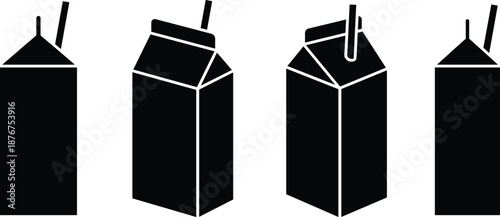 Four black milk carton icons with straws and without straws on white background Keywords: milk carton, milk, drink, beverage