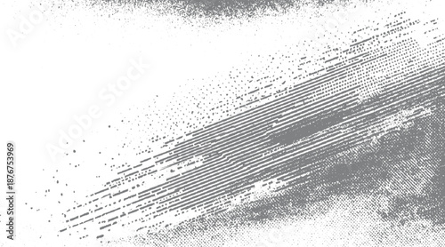 Diagonal abstract grunge background with linear patterns, scattered dots, and a textured gray and white overlay