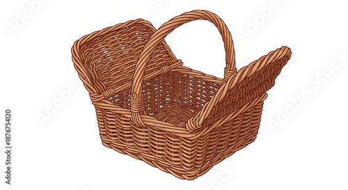 Detailed illustration of an empty woven picnic basket with two handles and open lids, hand-drawn in a realistic, classic style on a white background.