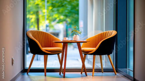 Startup + deal + structure cozy cafe seating with two orange chairs around small round table creating inviting meeting space