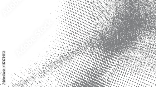 Abstract grayscale halftone pattern with scattered dots and textured creating a dynamic visual flow across a white background