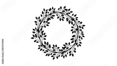 A circular wreath composed of delicate black leaves on a white background