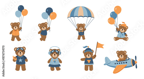 A delightful collection of cute teddy bear characters engaged in various activities like flying a plane, holding balloons, and parachuting for kids' designs.