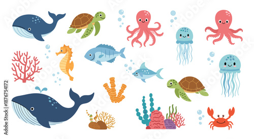 A vibrant collection of cute sea animals and coral reef elements, including whales, turtles, octopuses, and jellyfish in a charming flat cartoon style.
