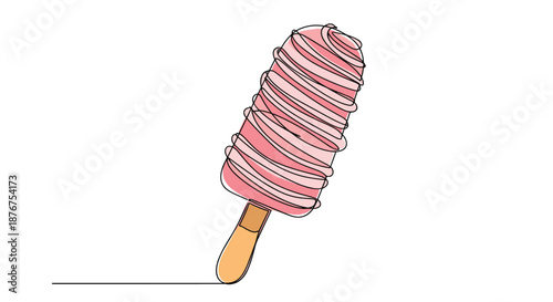 Continuous single line drawing of a pink ice cream popsicle with swirl icing, creating a minimalist and artistic representation of a summer sweet treat.