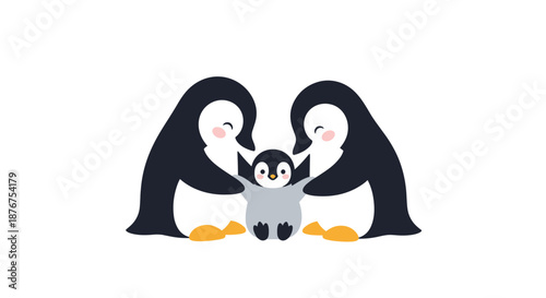 Heartwarming illustration of a penguin family with two loving parents embracing their small chick, symbolizing family, love, and togetherness on white background.