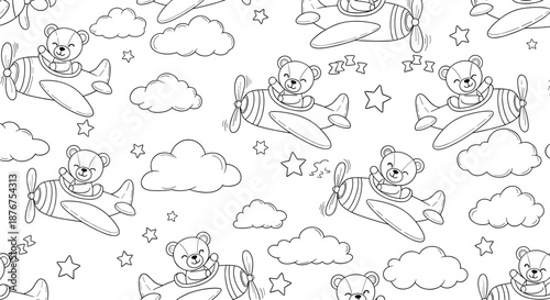 A seamless black and white pattern for coloring, featuring cute teddy bears flying airplanes among the clouds and stars, perfect for kids' textiles.