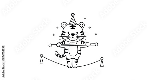 A cute cartoon tiger wearing a party hat and balancing on a tightrope, outlined in black and white for a children's circus-themed coloring page.