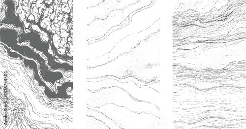 Abstract monochrome textures showcasing organic wavy lines and granular speckles in a dynamic composition suggesting flowing water or topographical maps with a hand-drawn aesthetic