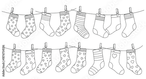 A large collection of cute, patterned socks hanging on clotheslines, illustrated in a black and white doodle style for a fun coloring page.