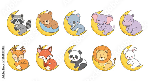 A charming collection of ten different cute cartoon animals, including a raccoon, bear, and lion, all sleeping peacefully on a yellow crescent moon.