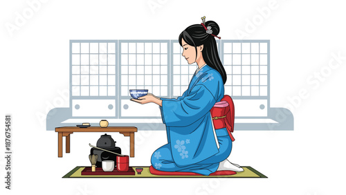 Vector illustration of a Japanese woman performing tea ceremony gestures, symbolic cultural ritual emphasizing harmony and traditional lifestyle