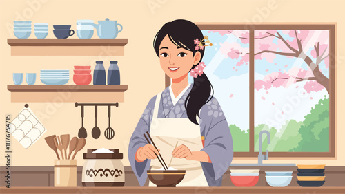 Vector illustration of a Japanese woman cooking traditional food at home, cultural culinary activity and everyday lifestyle tradition