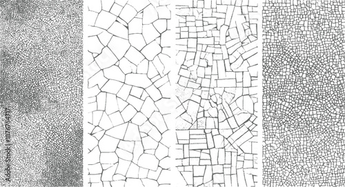 Abstract monochrome textures featuring geometric patterns of cracked and fragmented shapes resembling dried mud or mosaic tiles with a detailed and complex visual appeal
