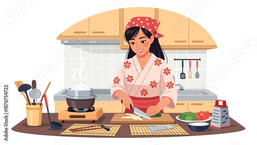 Vector illustration of a Japanese woman cooking traditional food at home, cultural culinary activity and everyday lifestyle tradition