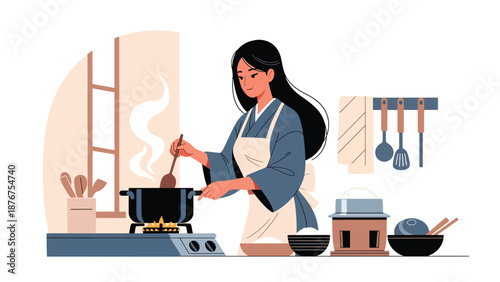 Vector illustration of a Japanese woman cooking traditional food at home, cultural culinary activity and everyday lifestyle tradition