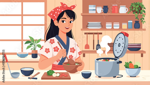 Vector illustration of a Japanese woman cooking traditional food at home, cultural culinary activity and everyday lifestyle tradition