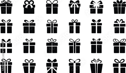 Grid of 24 black and white gift box icons with bows present symbol