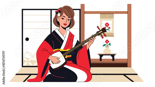 Flat vector illustration of a Japanese woman playing shamisen indoors, traditional music practice representing cultural heritage