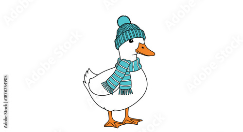 Charming illustration of a cute white duck wearing a cozy blue striped winter scarf and a matching pom-pom hat on a white background.