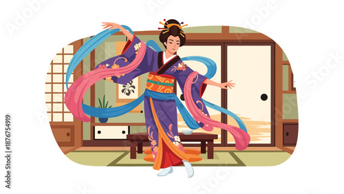 Vector illustration of a Japanese woman practicing traditional dance movements, expressive cultural performance and artistic lifestyle