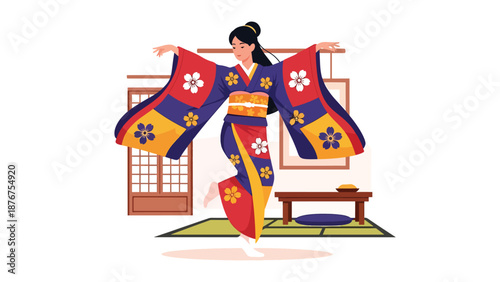 Vector illustration of a Japanese woman practicing traditional dance movements, expressive cultural performance and artistic lifestyle