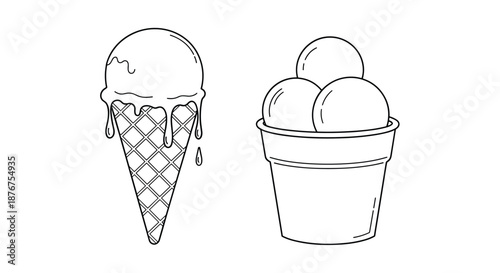 Black and white line art illustrations of a melting ice cream cone and a cup with three scoops, ready for coloring or design projects.