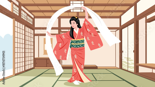 Vector illustration of a Japanese woman practicing traditional dance movements, expressive cultural performance and artistic lifestyle