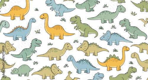 Seamless pattern featuring a variety of cute and colorful cartoon dinosaurs like T-Rex, Brontosaurus, and Triceratops for kids' decor.