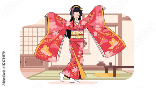 Vector illustration of a Japanese woman practicing traditional dance movements, expressive cultural performance and artistic lifestyle