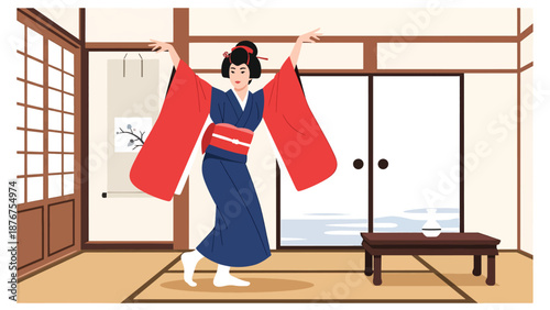 Vector illustration of a Japanese woman practicing traditional dance movements, expressive cultural performance and artistic lifestyle